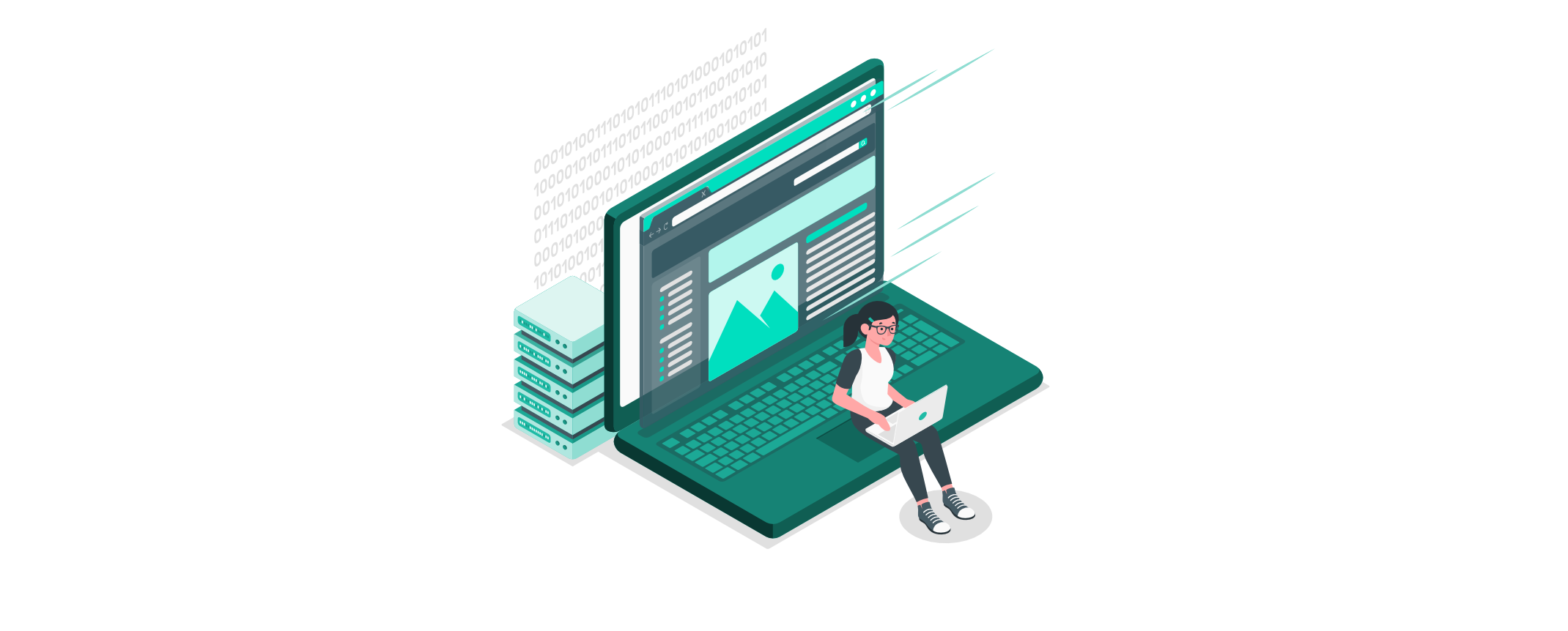 Eine Frau arbeitet mit Laptop vor einem großen Bildschirm mit Website-Layout, umgeben von Servern und Binärcode, was auf CSS-Performance-Optimierung hinweist.