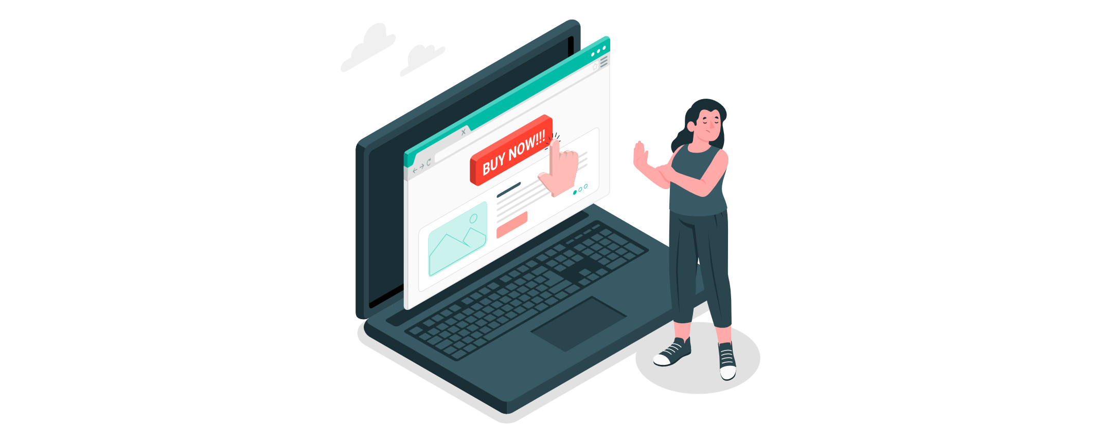 Frau zeigt auf einen großen Laptop mit einer Webseite, auf der ein auffälliger roter „Buy Now!!!“-Button angezeigt wird.
