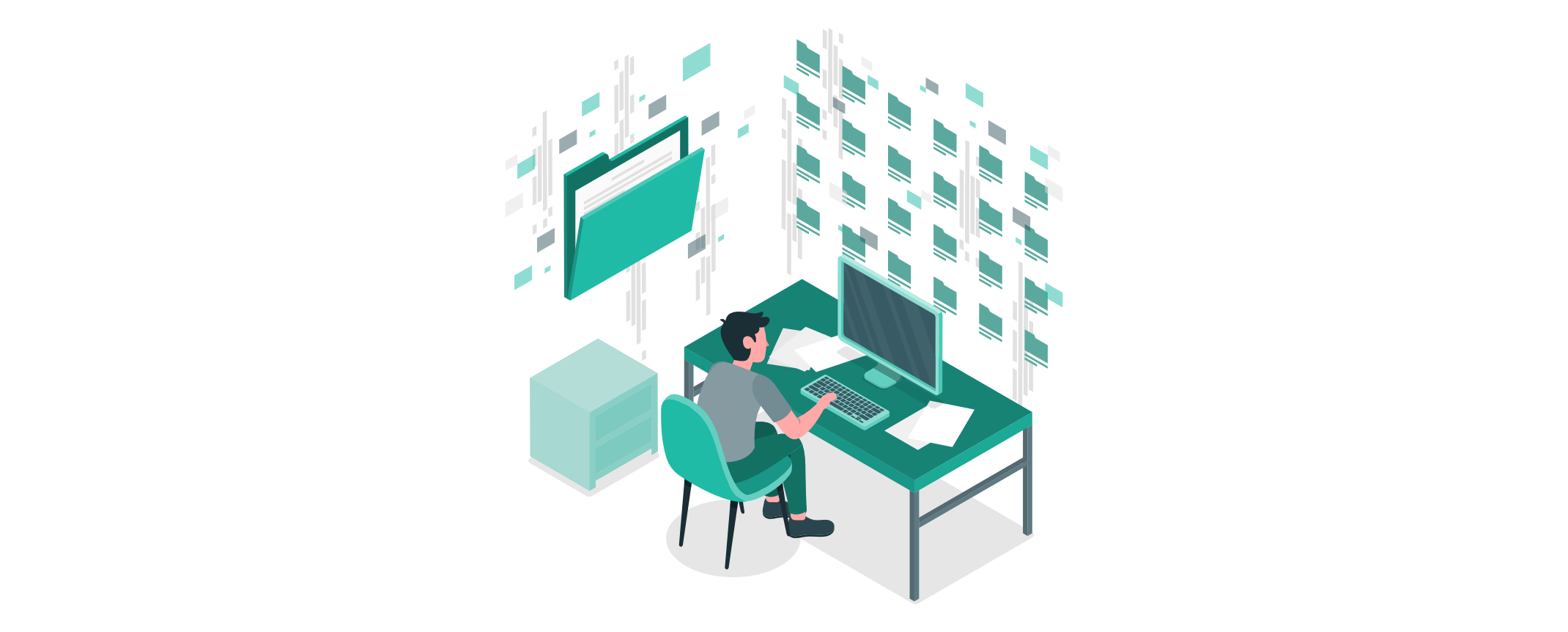 Person arbeitet am Schreibtisch an einem Computer, umgeben von schwebenden Datenblöcken und Ordnern – Visualisierung für das strukturierte Aufbauen und Ordnen einer sauberen Datenbasis.