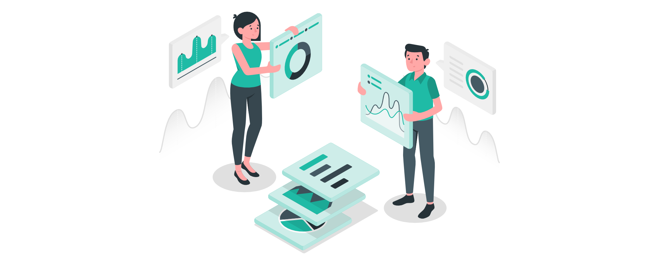Illustration von zwei Personen, die mit grafischen Datenvisualisierungen interagieren, was die datengestützte Entscheidungsfindung symbolisiert.