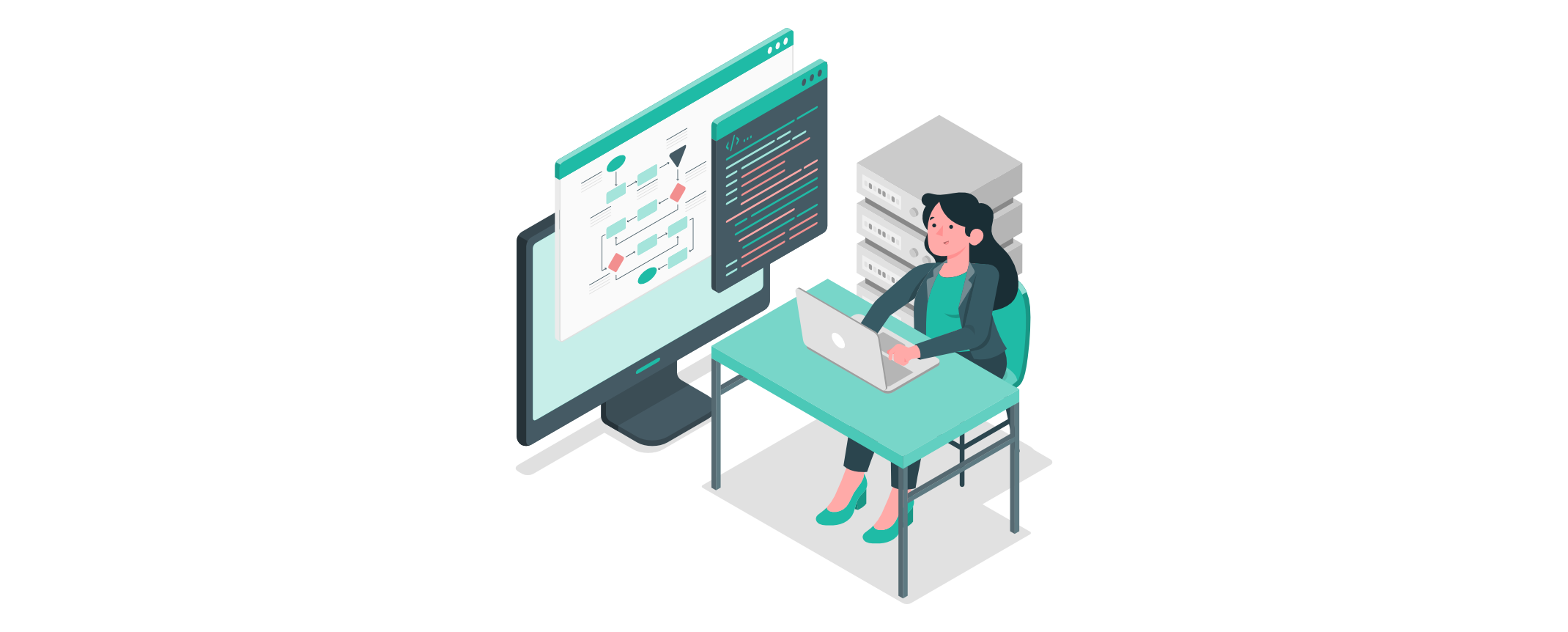 Illustration einer Frau am Laptop, die an einem Schreibtisch sitzt, mit einem großen Bildschirm, der Diagramme und Code zeigt, und Servern im Hintergrund, symbolisiert Datenmodellierung.