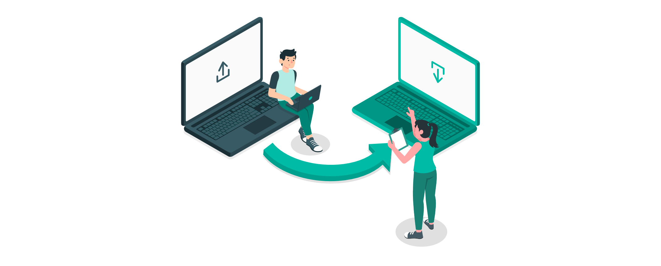 Illustration einer erfolgreichen CMS-Migration, bei der Daten von einem Laptop auf einen anderen übertragen werden. Eine Person überwacht den Upload, während eine andere Person den Download auf dem zweiten Laptop koordiniert.