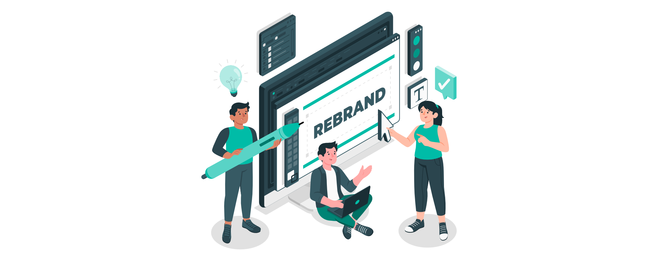 Drei Personen arbeiten an einem Rebranding-Projekt. Eine Person hält einen großen Stift, eine andere zeigt auf das Wort "Rebrand" auf einem Bildschirm, während eine dritte am Laptop sitzt.
