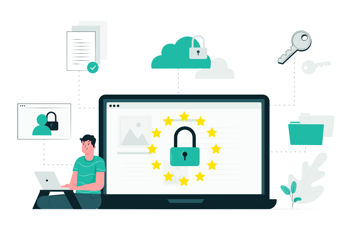 Eine Person sitzt vor einem Laptop mit einem großen Schloss-Symbol und Sternen auf dem Bildschirm, die für Online-Sicherheit und Privatsphäre stehen. Der Hintergrund zeigt Wolken, Dokumente und andere digitale Elemente