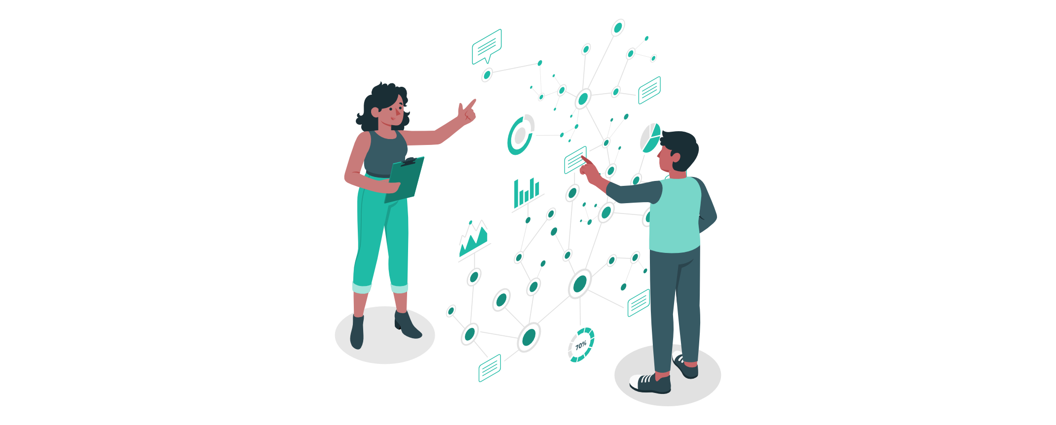 Zwei Personen analysieren ein komplexes Netzwerk aus Knoten und Verbindungen mit Diagrammen und Datenpunkten – Visualisierung für den sinnvollen Einsatz von Graphdatenbanken.