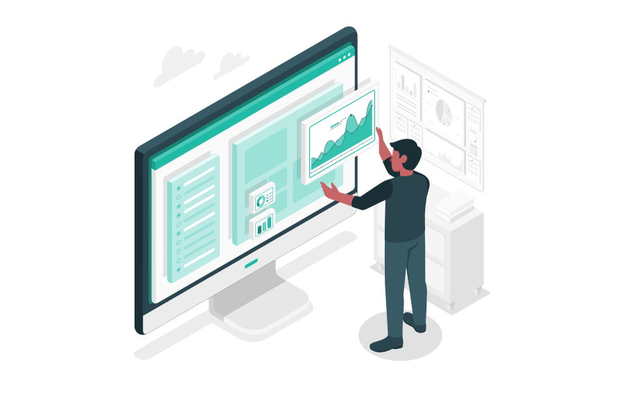 Illustration eines Nutzers, der interaktiv Datenanalysen und Diagramme auf einem großen Bildschirm bearbeitet, ergänzt durch weitere Datenvisualisierungen im Hintergrund.