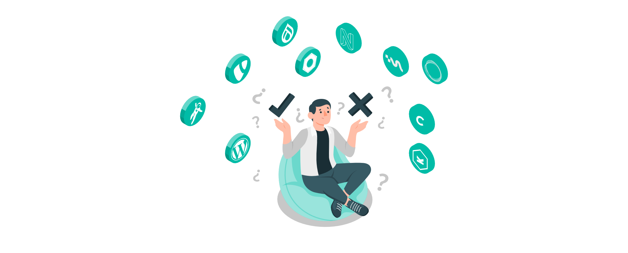Illustration eines Mannes auf einem Sitzsack, umgeben von Symbolen verschiedener CMS und Fragezeichen, symbolisiert die Auswahl und den Vergleich von Nischen-CMS.