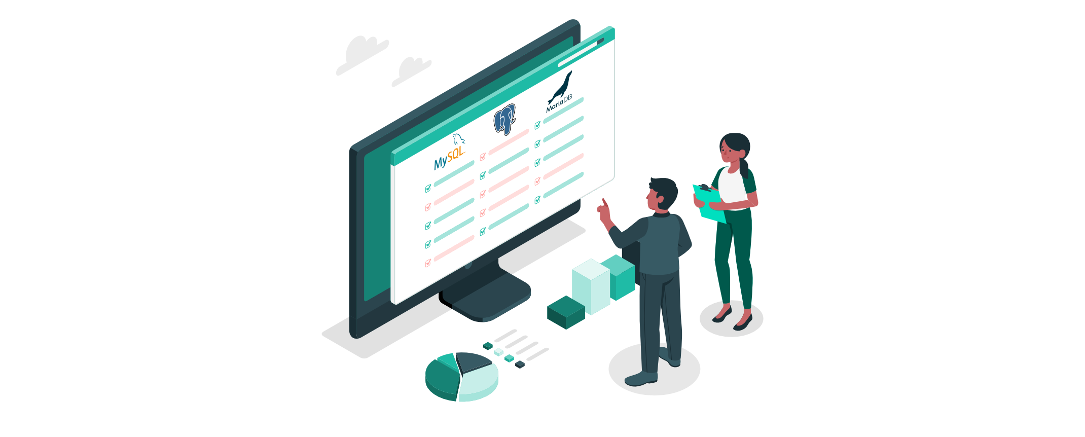 Zwei Personen betrachten eine Vergleichstabelle von Open-Source-Datenbanken auf einem Monitor, ergänzt durch Diagramme und visuelle Elemente.