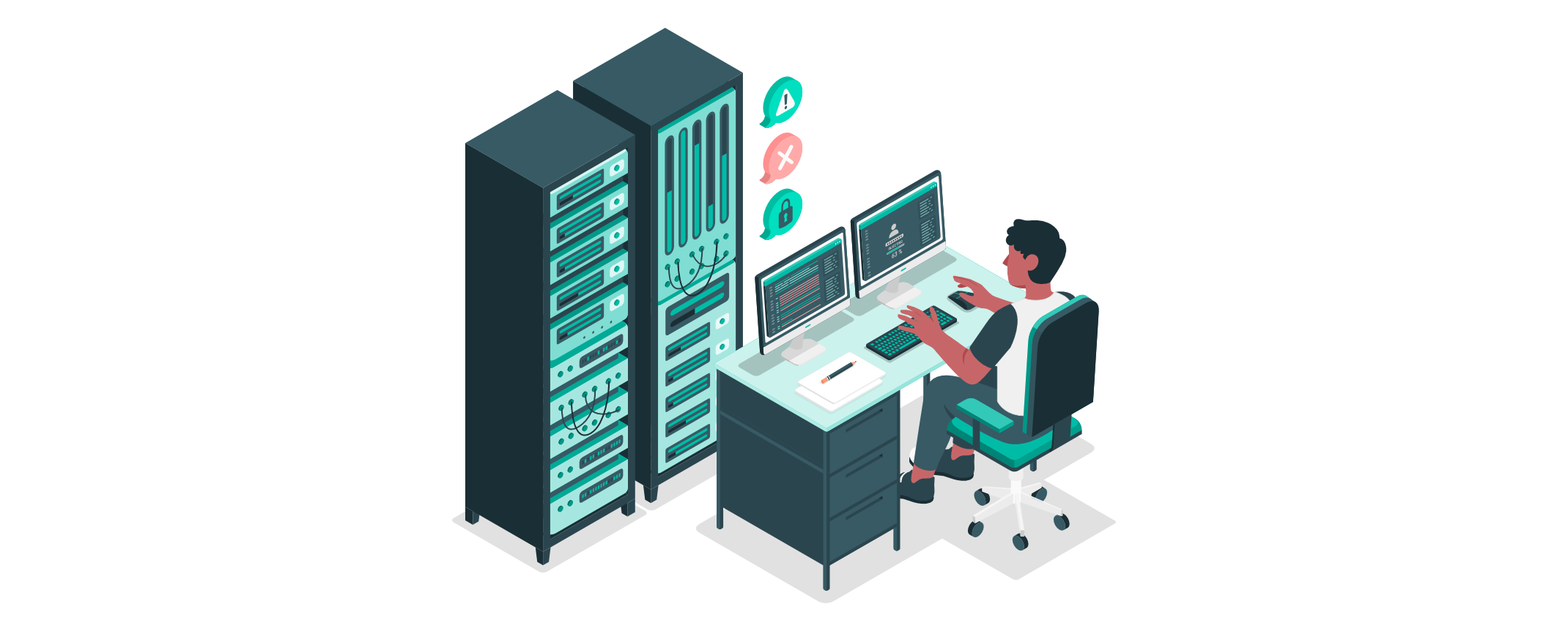 IT-Experte überwacht Serverracks und analysiert Sicherheitsmeldungen an mehreren Monitoren; Warn- und Schloss-Symbole stehen für Penetrationstests und IT-Sicherheit.