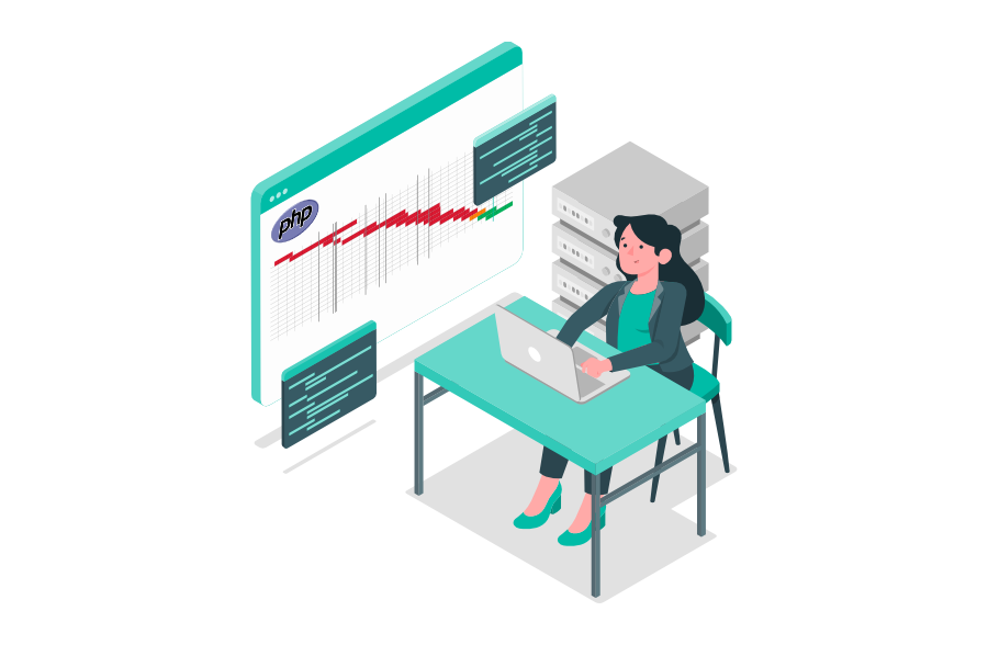 Frau arbeitet am Laptop vor einem Bildschirm mit PHP-Logo und Datenkurve, daneben Server und PHP-Roadmap.