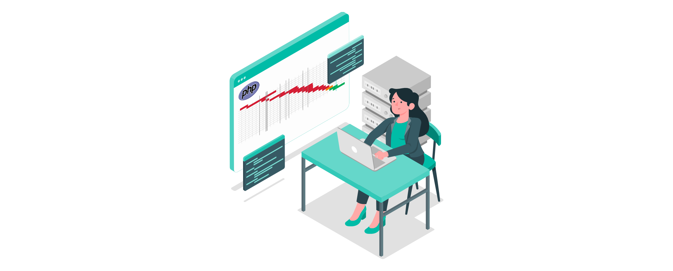 Frau arbeitet am Laptop vor einem Bildschirm mit PHP-Logo und Datenkurve, daneben Server und PHP-Roadmap.