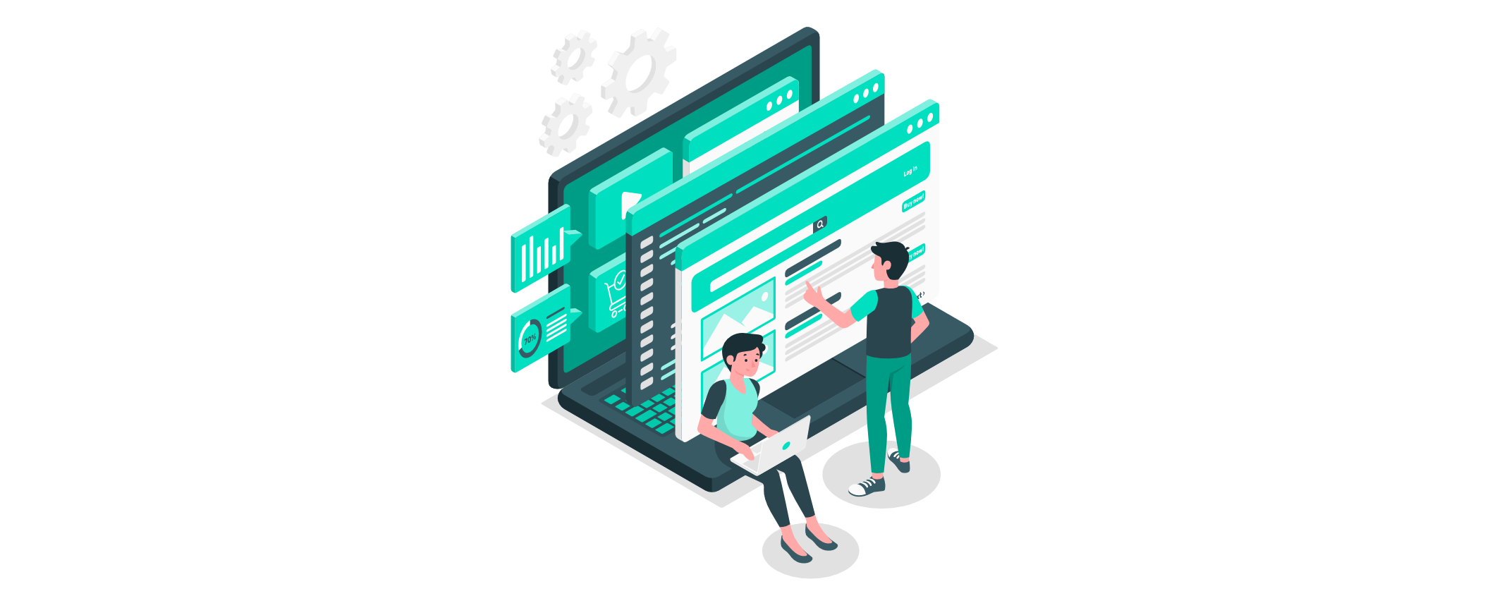 Zwei Personen planen und strukturieren eine Website auf einem großen Bildschirm; Diagramme, Zahnräder und Interface-Elemente symbolisieren die technische Konzeption von Webprojekten.
