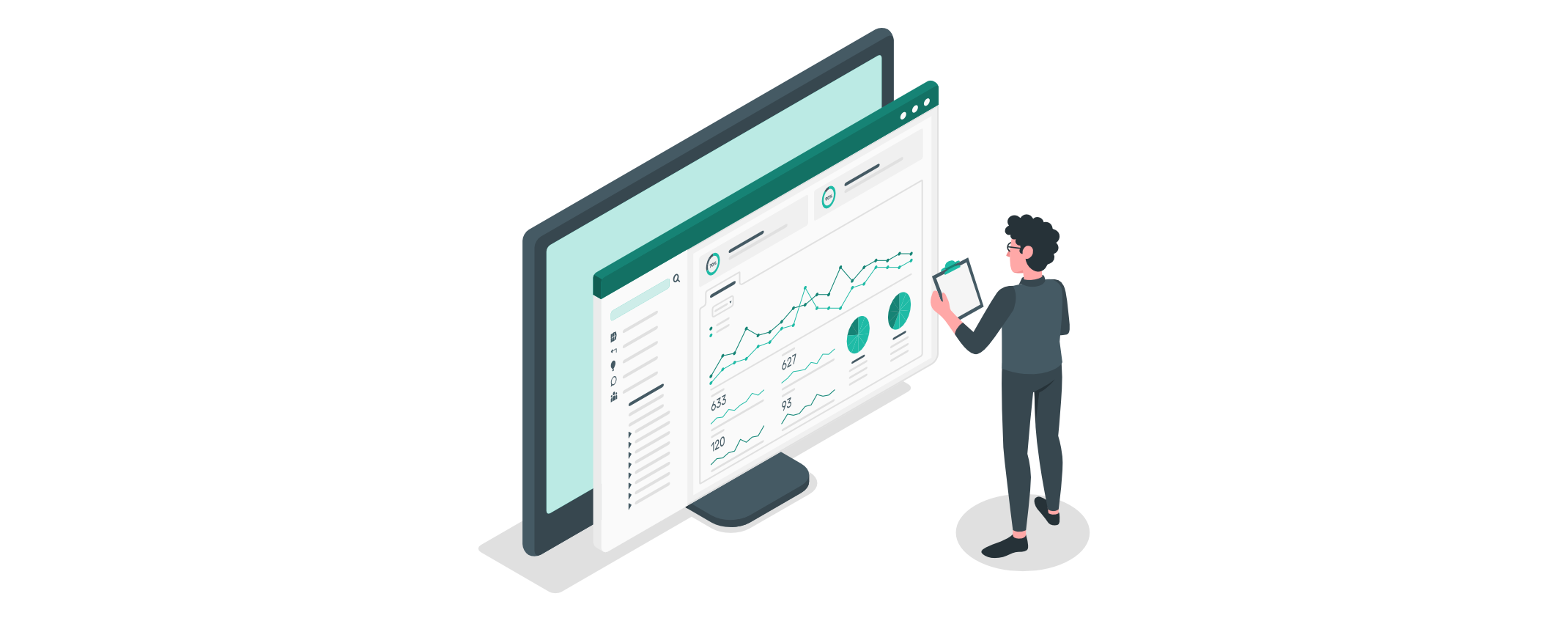 Eine Person analysiert Daten auf einem großen Monitor mit Diagrammen, Graphen und Statistiken, was den Vergleich zwischen transaktionalen und analytischen Datenbanken darstellt.