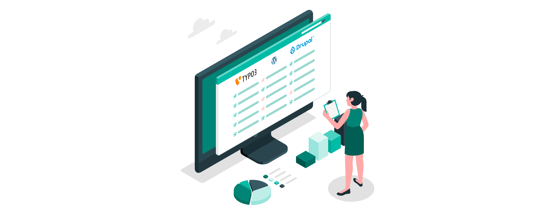 Illustration einer Person, die eine Vergleichstabelle auf einem großen Bildschirm betrachtet, die TYPO3, WordPress und Drupal gegenüberstellt.